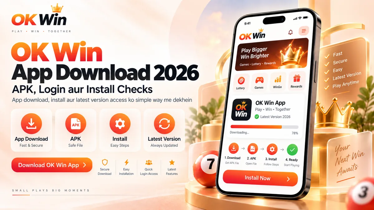 OK Win App Download 2026 visual showing APK download, login and install checks