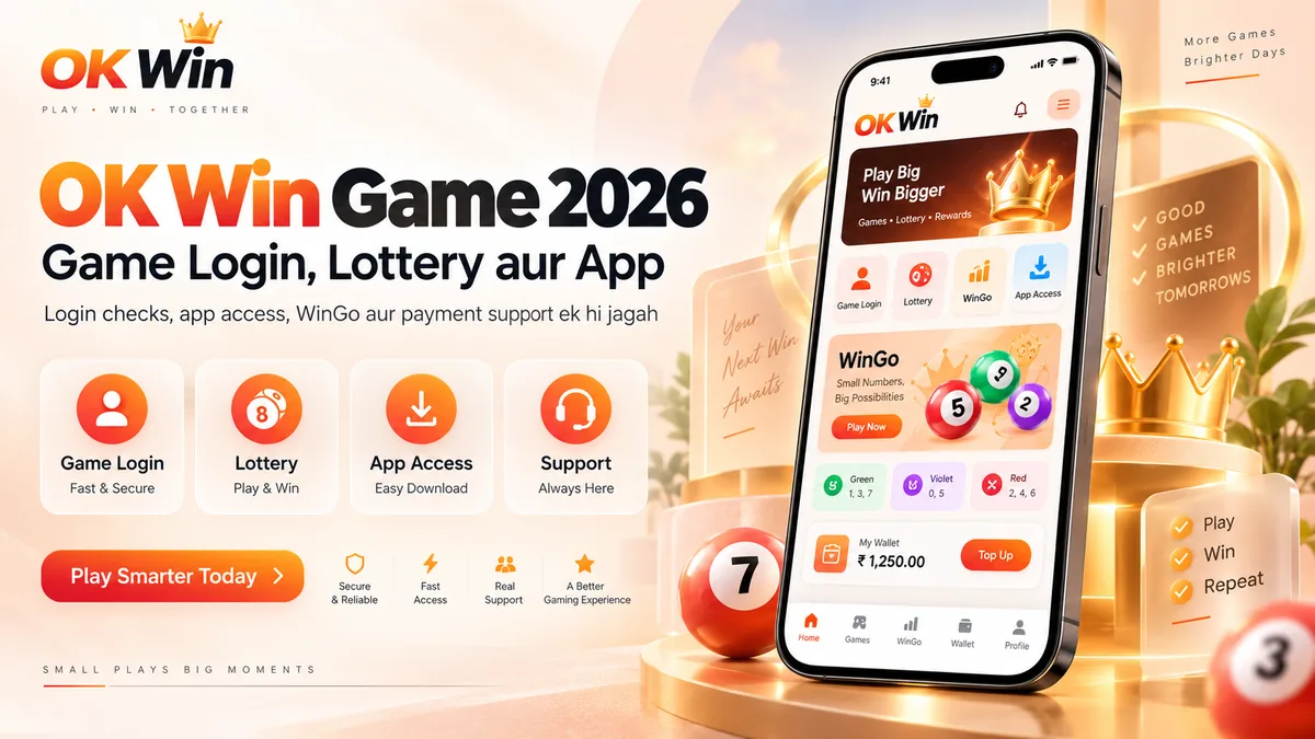 OK Win Game 2026 visual showing game login, lottery and app access topics
