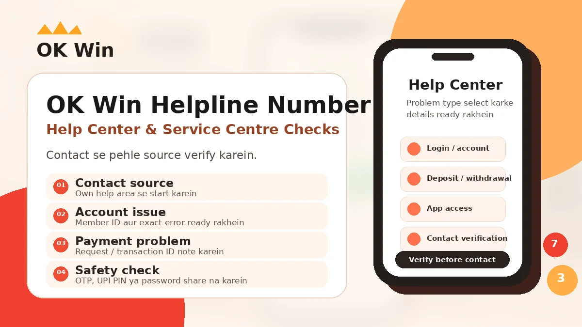 OK Win Helpline Number visual showing Help Center and Service Centre verification checks