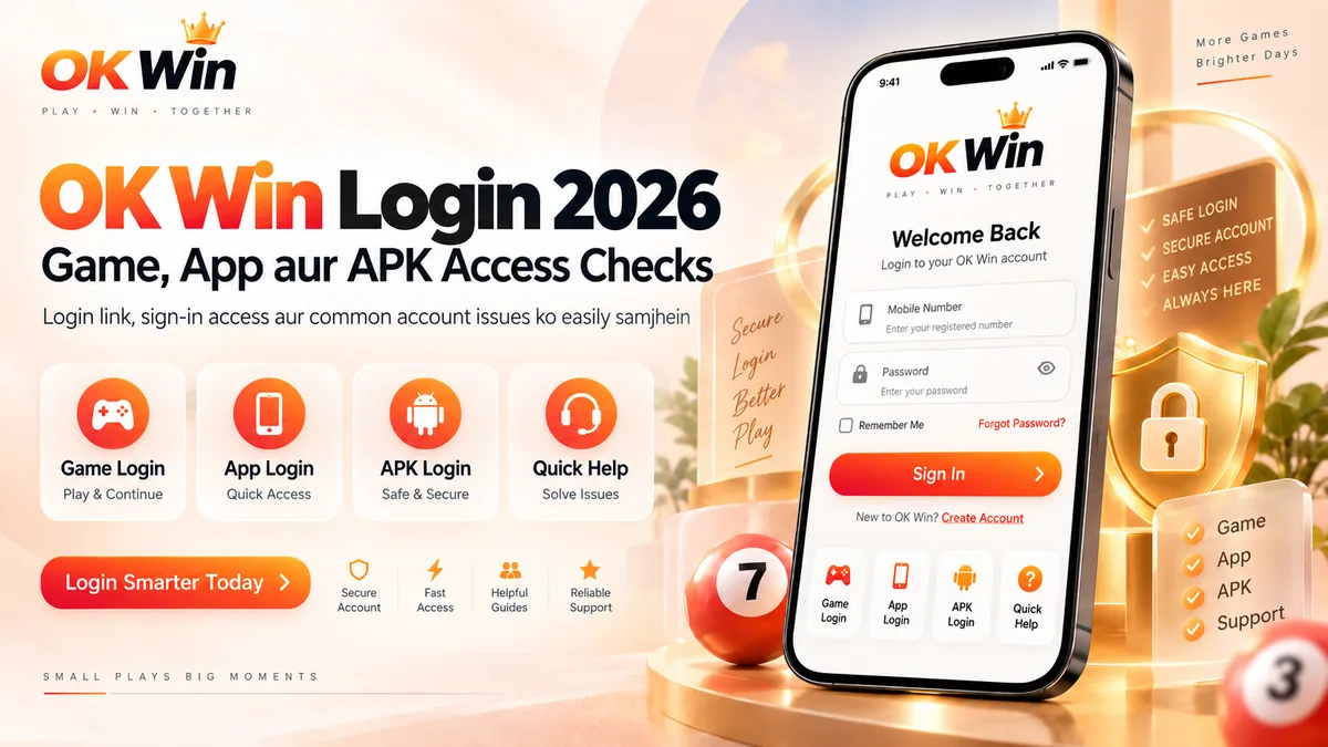 OK Win Login 2026 visual showing game, app and APK access checks