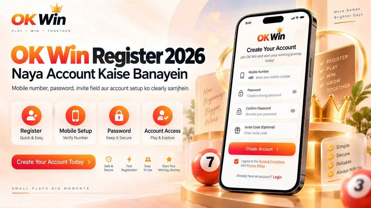 OK Win Register 2026 visual showing new account, mobile number and password setup